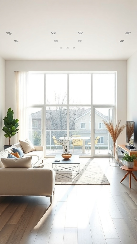 A bright minimalist living room with large windows, a light sofa, and plants.