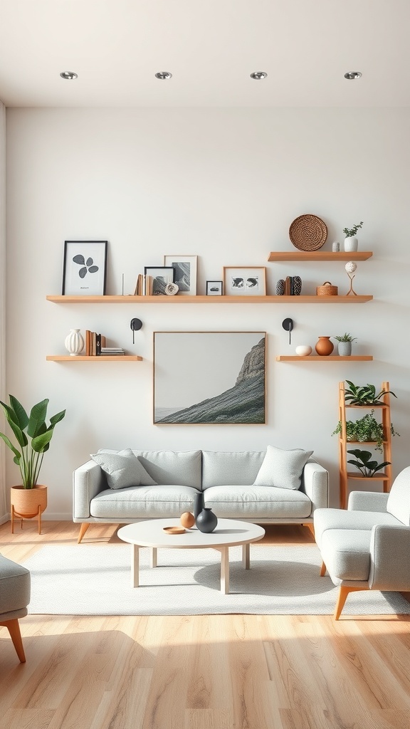 A minimalist living room featuring light wood shelves, plants, and low-profile furniture.
