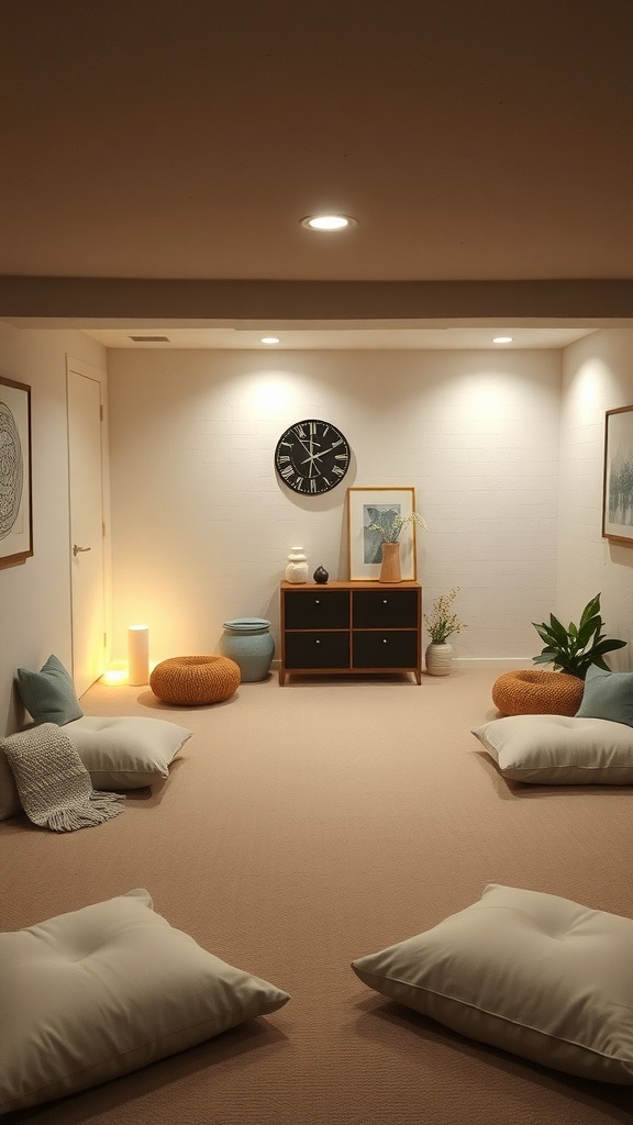 A cozy meditation space with cushions, soft lighting, and calming decor.