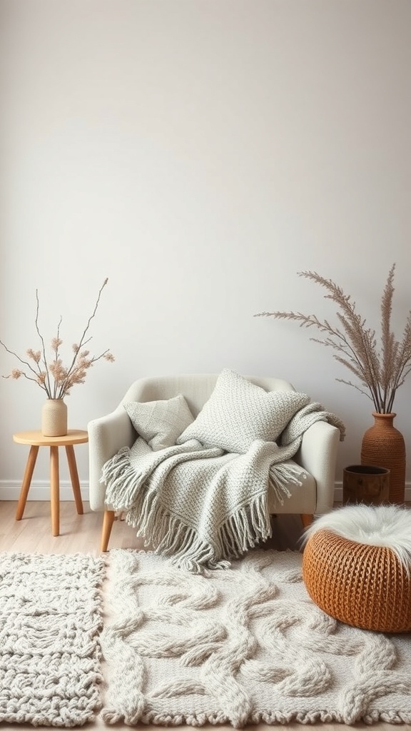A minimalist living room with a cozy sofa, knitted blanket, textured rug, and natural decor elements.