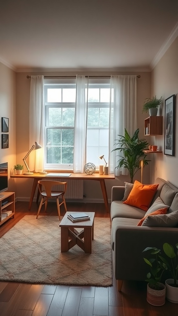 Cozy small living room with distinct zones for relaxation and work.