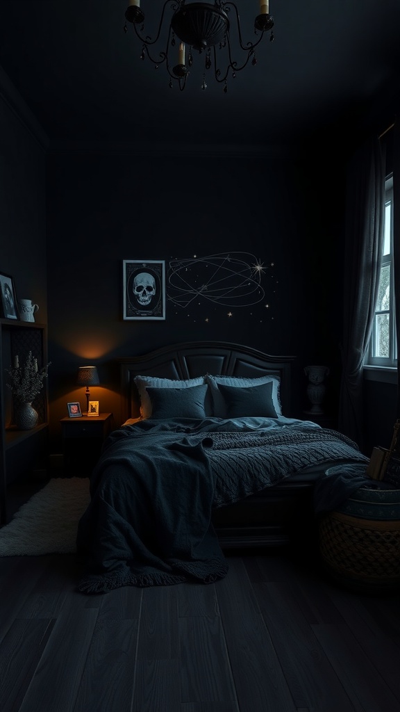 A cozy dark bedroom featuring a bed with textured blankets, a skull illustration on the wall, and warm lighting from a bedside lamp.