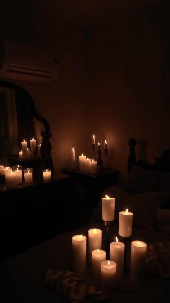 A cozy dark bedroom with various lit candles creating a warm atmosphere.