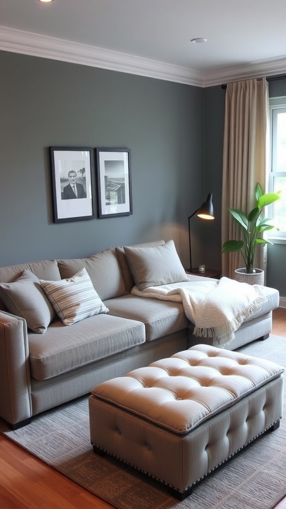 Cozy small living room with a stylish sofa and a multi-functional ottoman.