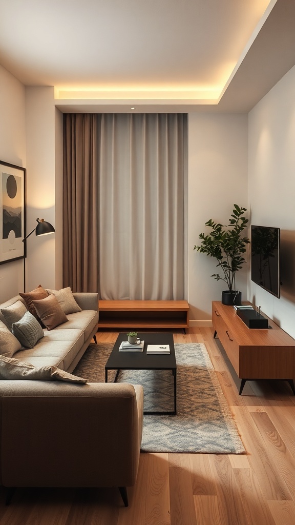 A minimalist living room with a light-colored sofa, coffee table, and wooden furniture, featuring soft lighting and a plant.