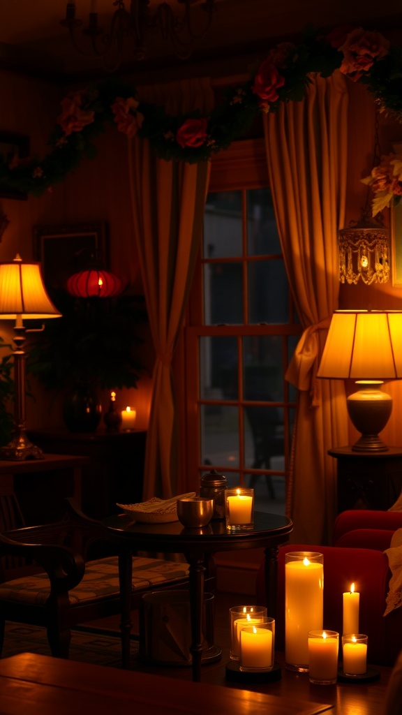A cozy room with warm lighting from candles and lamps, featuring a floral garland and soft curtains.