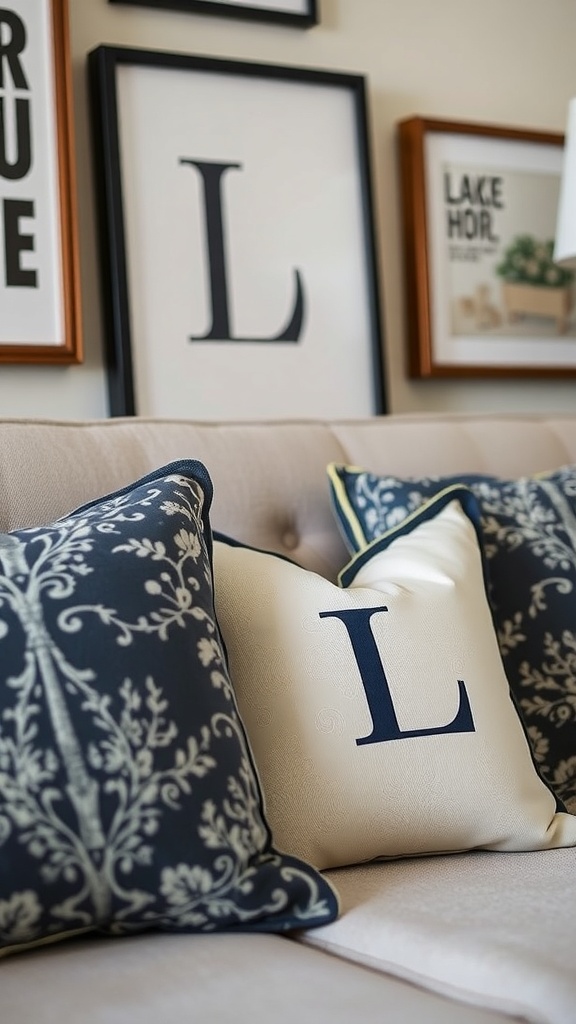 A cozy couch with personalized decorative pillows and framed artwork on the wall.