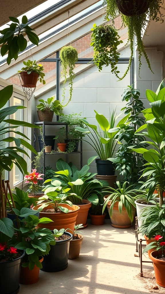 Indoor garden filled with various potted plants and natural light coming through skylights.