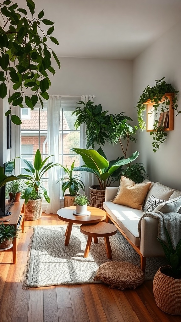 A cozy small living room filled with various plants, a comfortable sofa, and natural light.
