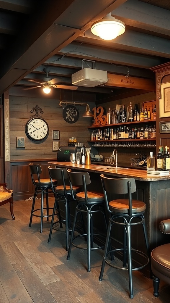 A rustic bar area featuring high stools, wooden bar top, dark cabinetry, and shelves filled with bottles.