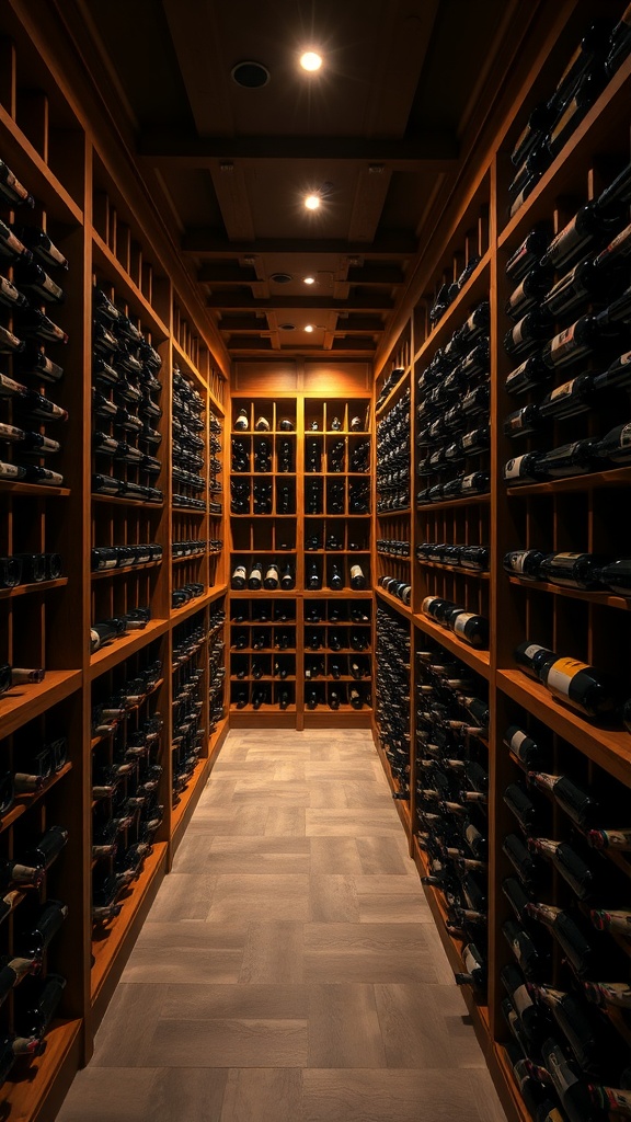 A cozy wine cellar with wooden racks filled with wine bottles and ambient lighting.
