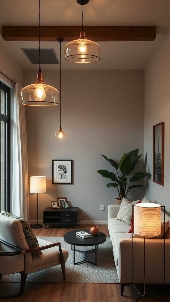 A cozy small living room with unique lighting fixtures, including hanging glass pendant lights and a floor lamp.