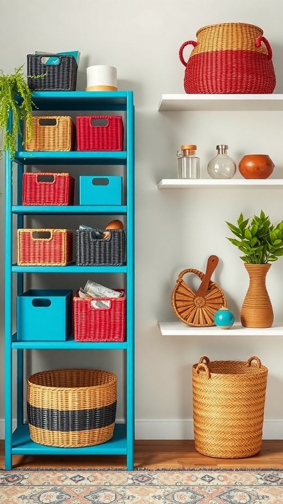Colorful storage solutions in a cozy maximalist setting