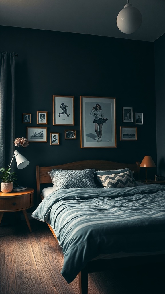 A cozy dark bedroom featuring framed art, a comfortable bed, and a bedside plant.