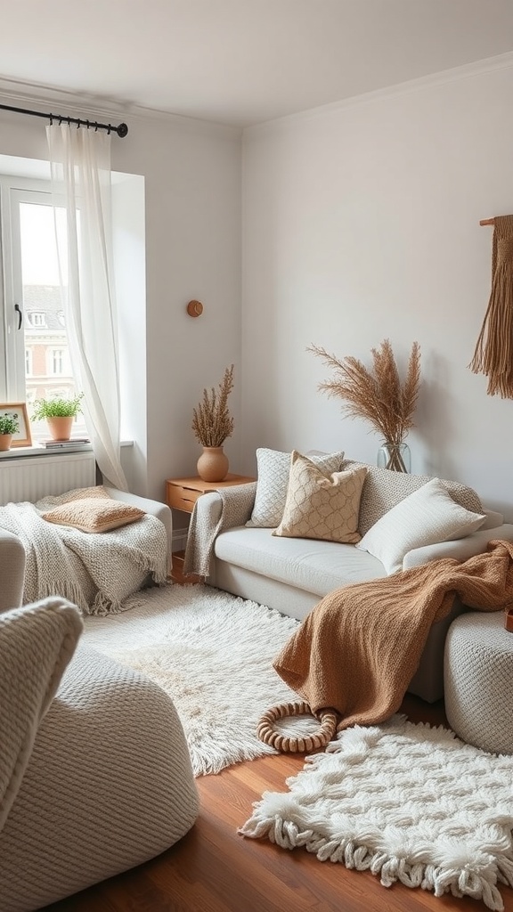 A cozy living room with layered textures, featuring knitted throws, fluffy rugs, and plants.