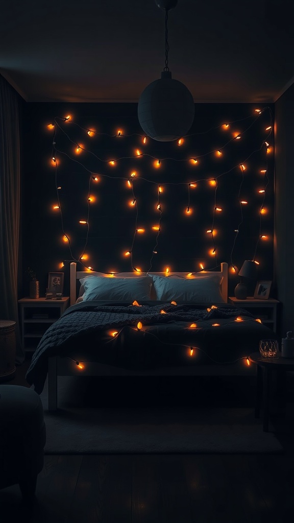 Cozy dark bedroom with warm string lights and soft lighting