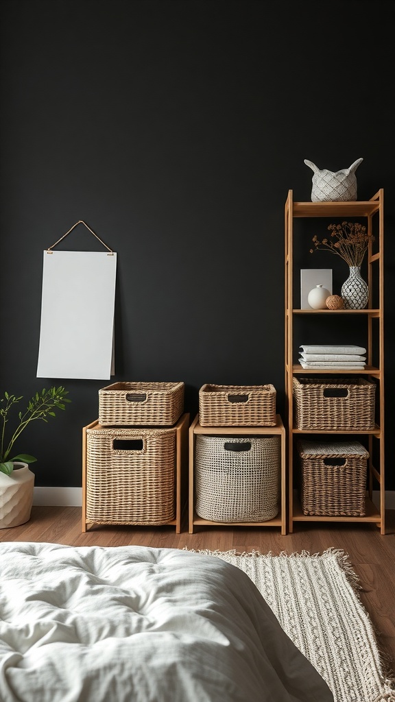 Stylish storage solutions in a dark bedroom featuring woven baskets and a wooden shelf.
