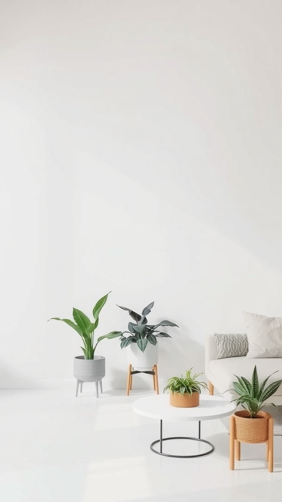 A minimalist living room featuring indoor plants in stylish pots, a white coffee table, and a light-colored sofa.