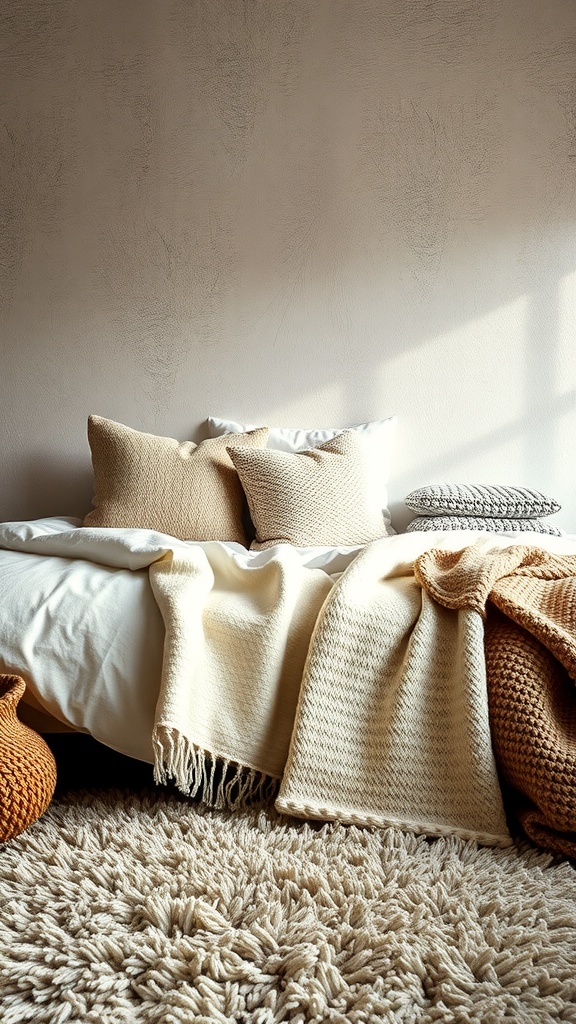 A cozy bed with layered blankets and pillows in warm tones.