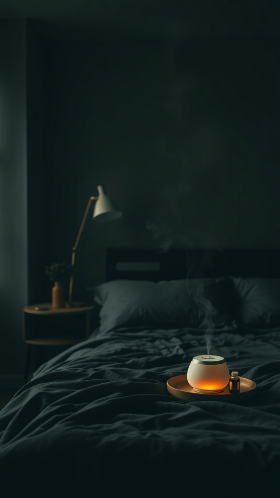 A cozy dark bedroom with a diffuser emitting mist and a warm glow, creating a calming atmosphere.