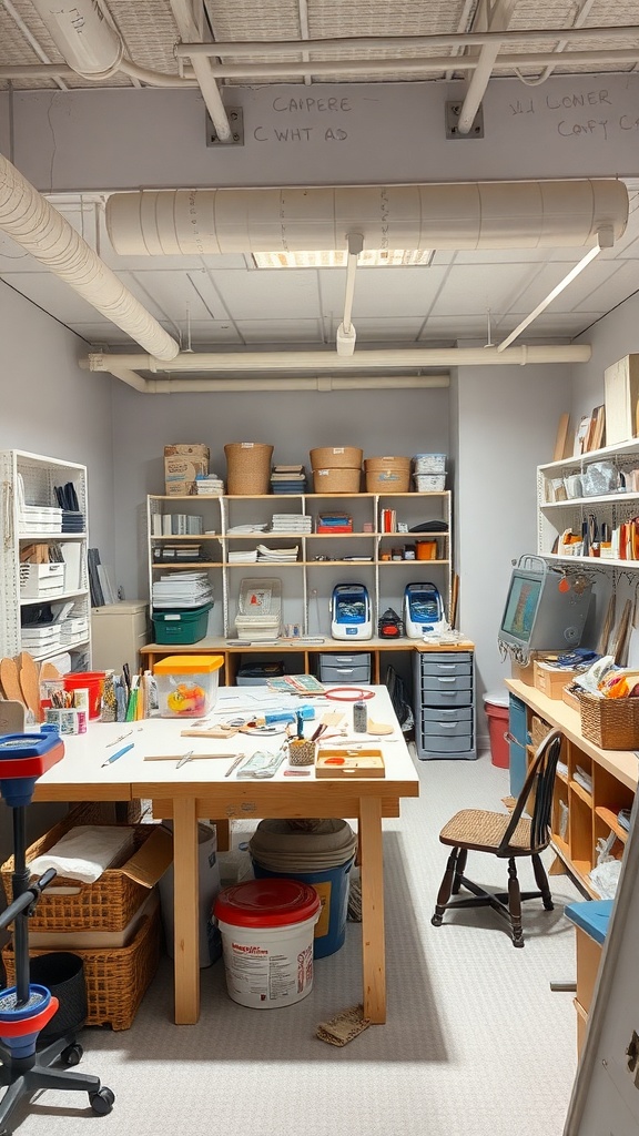 A cozy basement craft room with organized supplies and a large table.