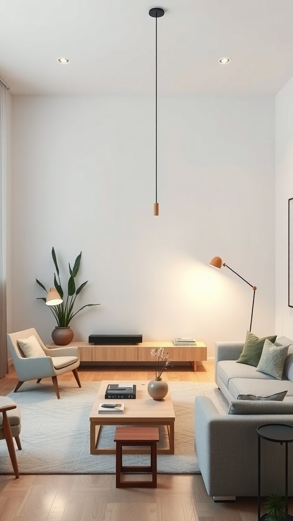A minimalist living room featuring various lighting solutions, including a pendant light, floor lamp, and recessed lighting.