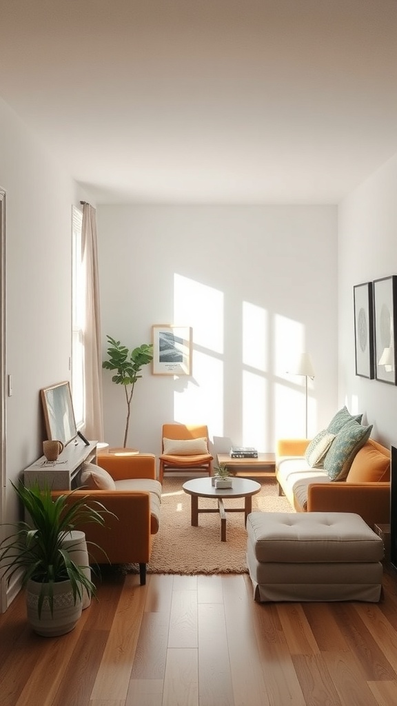 Cozy small living room with orange furniture, natural light, and a plant.