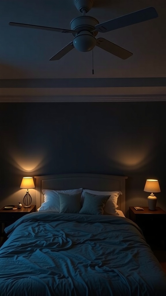A cozy dark bedroom with layered lighting from bedside lamps and a ceiling fan.