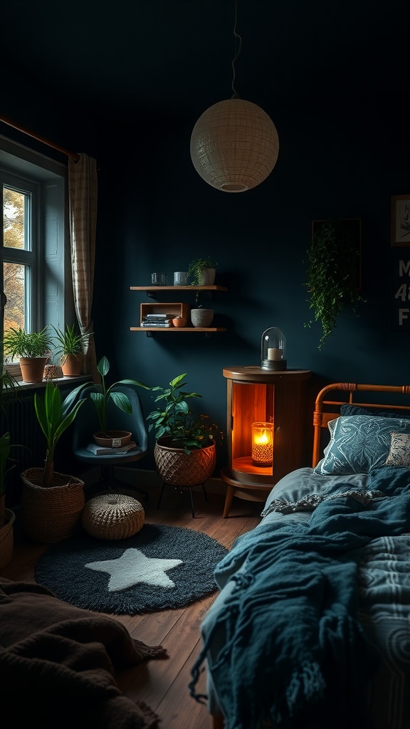 A cozy dark bedroom with blue walls, plants, a star-patterned rug, and warm lighting.