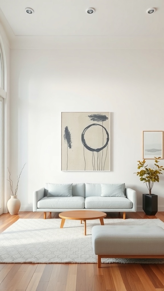 A minimalist living room featuring a light gray sofa, wooden coffee table, abstract wall art, and a plant.