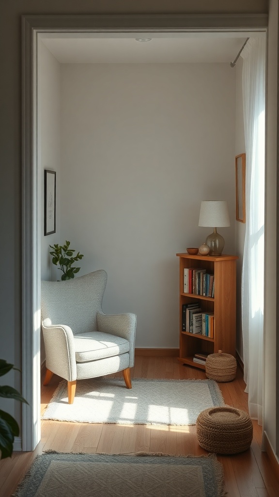 A cozy reading corner featuring a comfortable chair, a wooden bookshelf, and warm lighting.