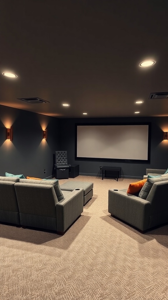 Cozy basement home theater setup with plush seating and a large screen.