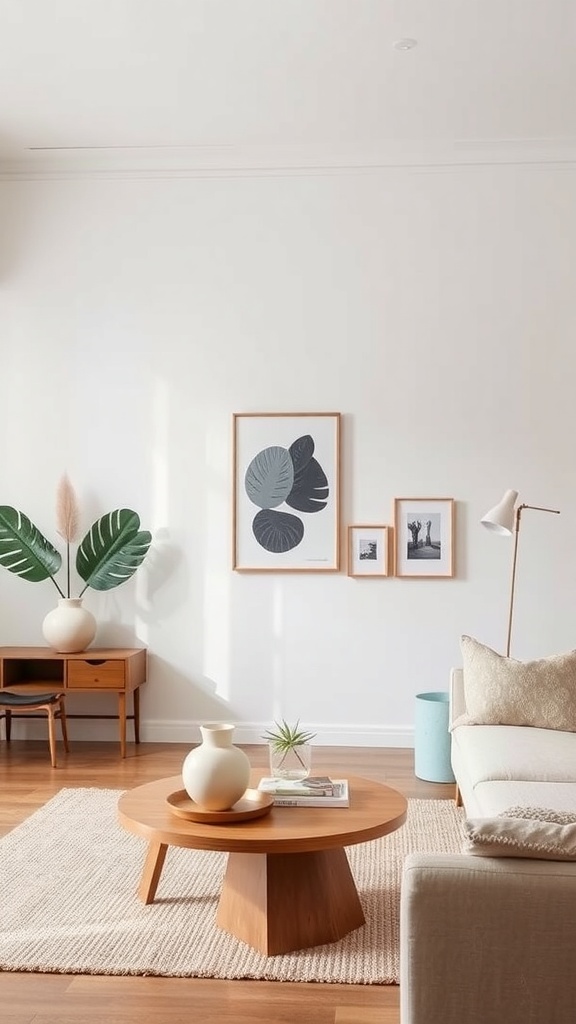 A minimalist living room with a wooden coffee table, neutral colors, and decorative plants.