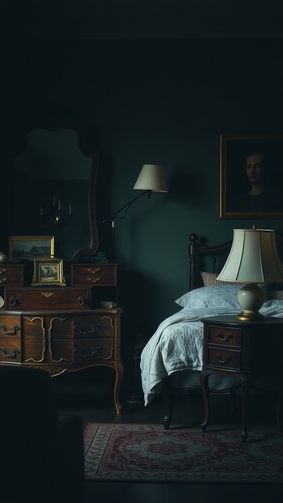 A cozy dark bedroom featuring vintage furniture, including a wooden dresser, bedside table, and soft lighting.