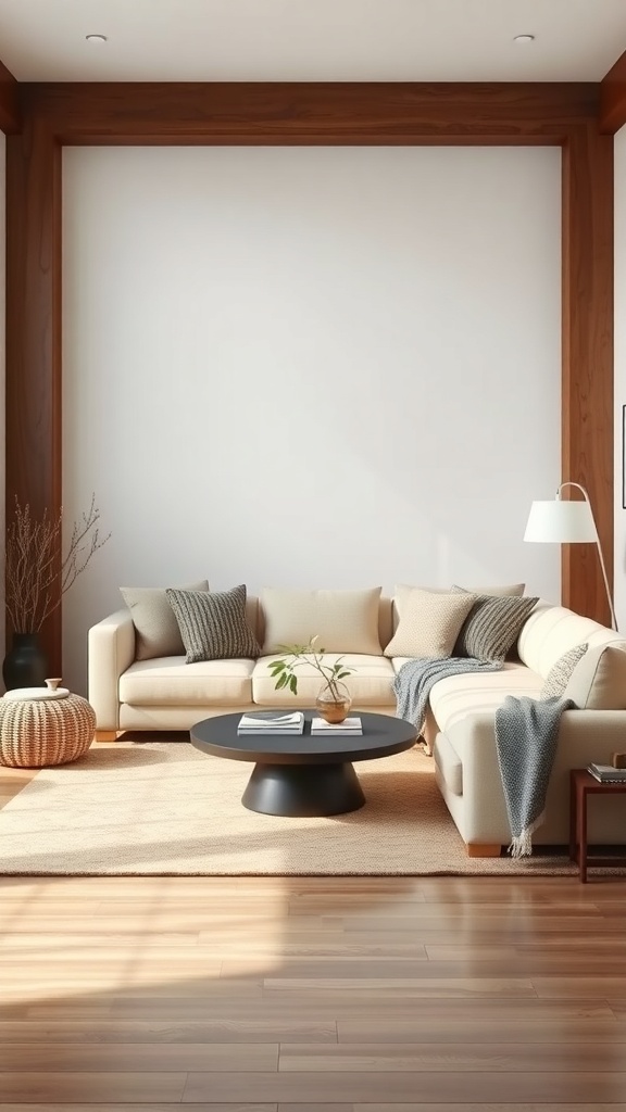 A minimalist living room featuring a cozy sectional sofa, a round coffee table, and natural light.