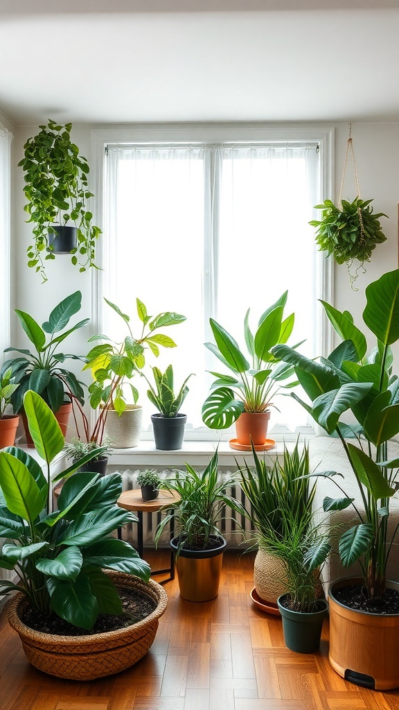 A cozy room filled with various indoor plants, showcasing a vibrant and lively atmosphere.