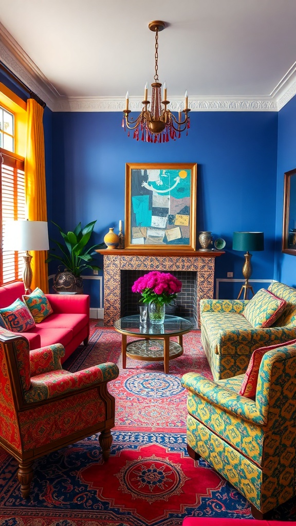 A cozy living room featuring bold blue walls, a red sofa, patterned chairs, and colorful artwork.