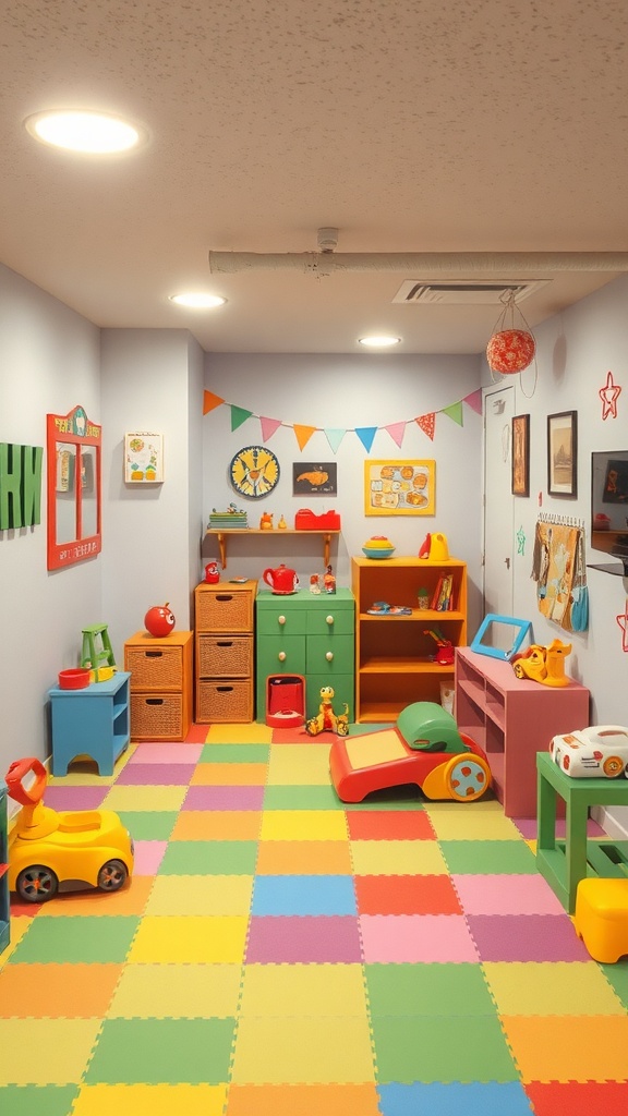 A colorful children's play area in a basement with bright flooring and playful decor.