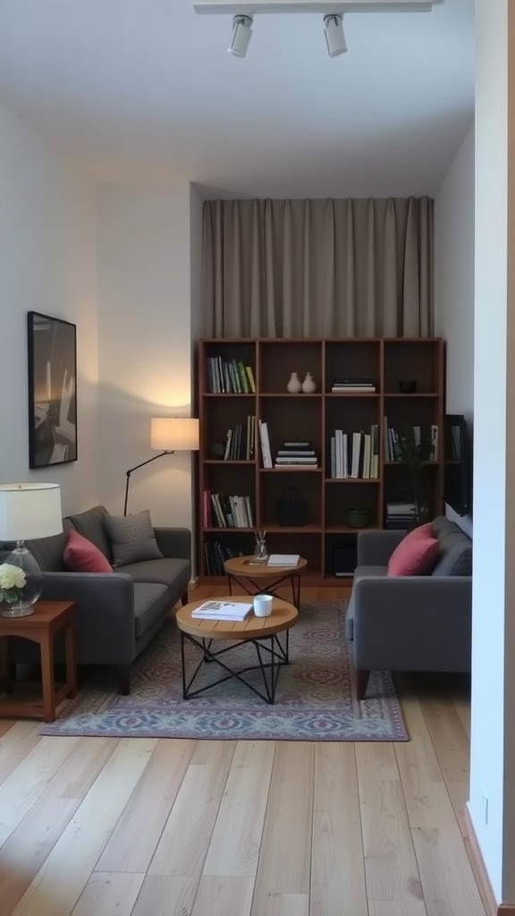 Cozy small living room with gray sofas, a coffee table, and a bookshelf.