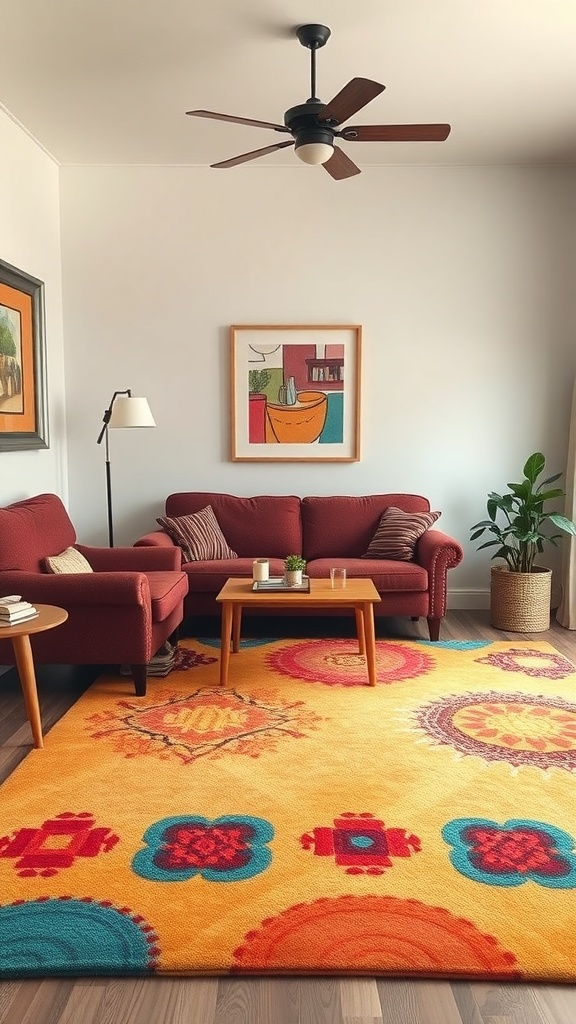 A cozy small living room featuring a colorful area rug, red sofa, and a wooden coffee table.