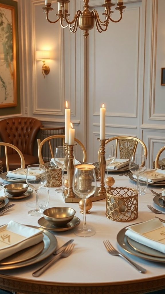 A cozy dining table set with gold metallic accents, candles, and elegant glassware.