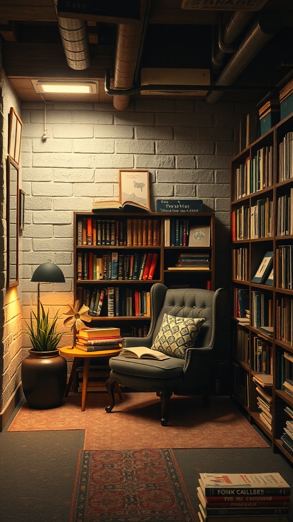 Cozy basement reading nook with an armchair, bookshelves, and soft lighting