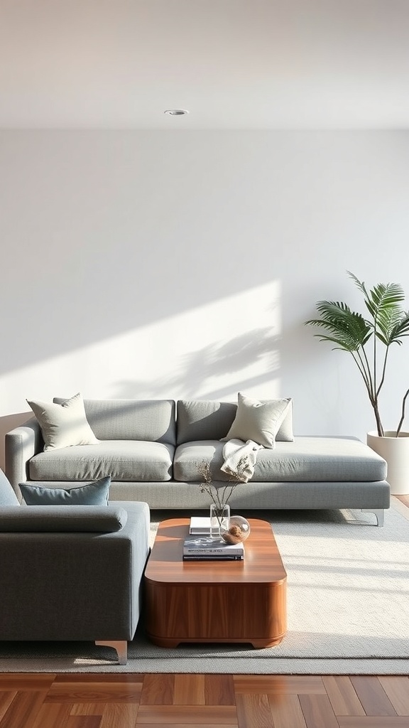A minimalist living room featuring a gray sofa, wooden coffee table, and a potted plant.