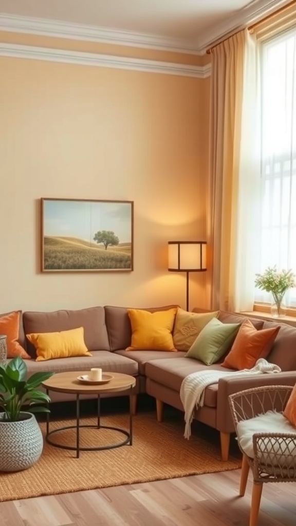 Cozy small living room with warm color palette, featuring beige walls, orange and green cushions, and natural decor.