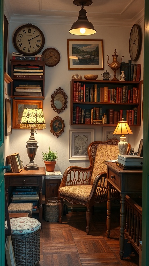 A cozy corner featuring vintage items, including framed portraits, a retro television, and a comfortable chair.