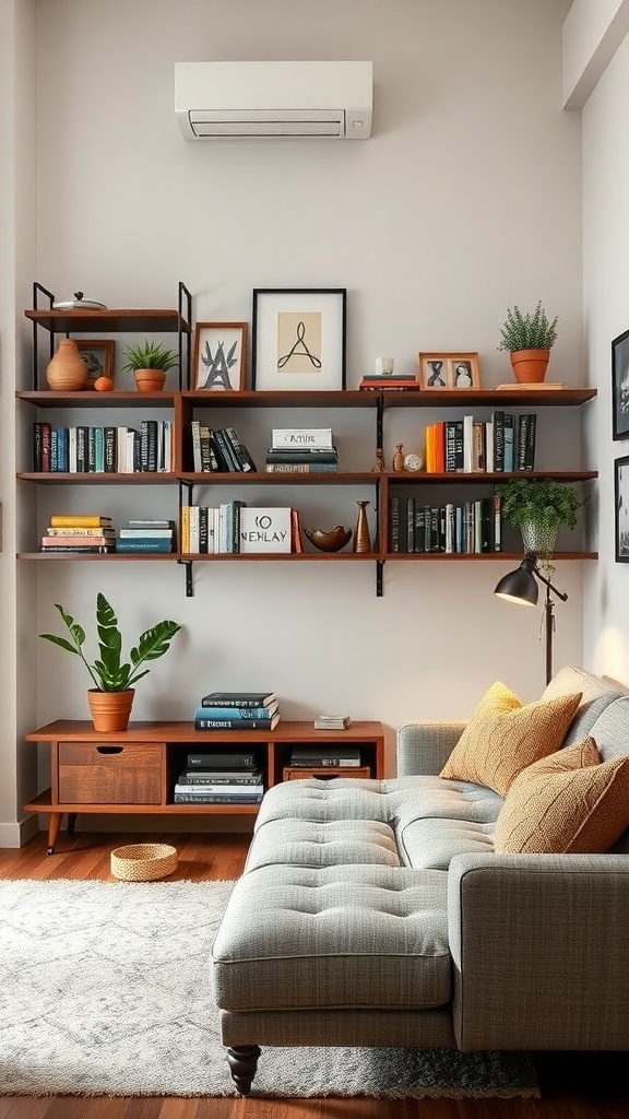 A cozy small living room with vertical storage solutions including wall-mounted shelves and a stylish coffee table.