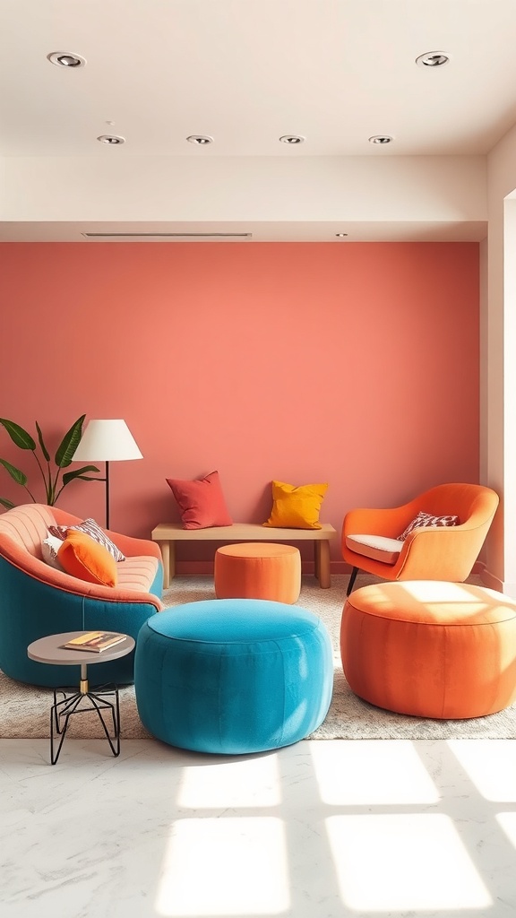 A cozy living room featuring vibrant orange and turquoise furniture against a coral wall, with round ottomans and colorful cushions.