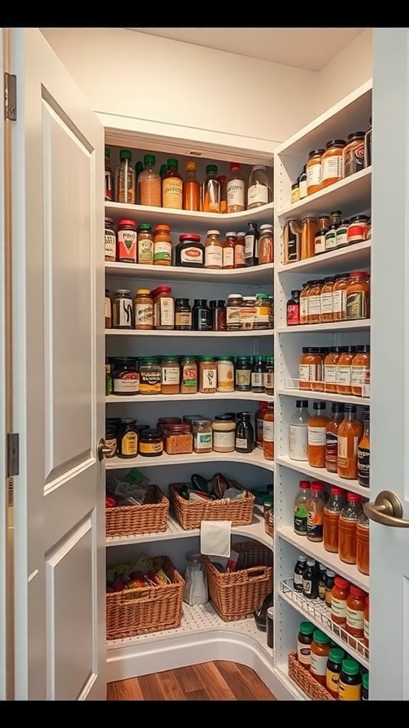 A well-organized corner pantry with shelves filled with spices, sauces, and baskets.