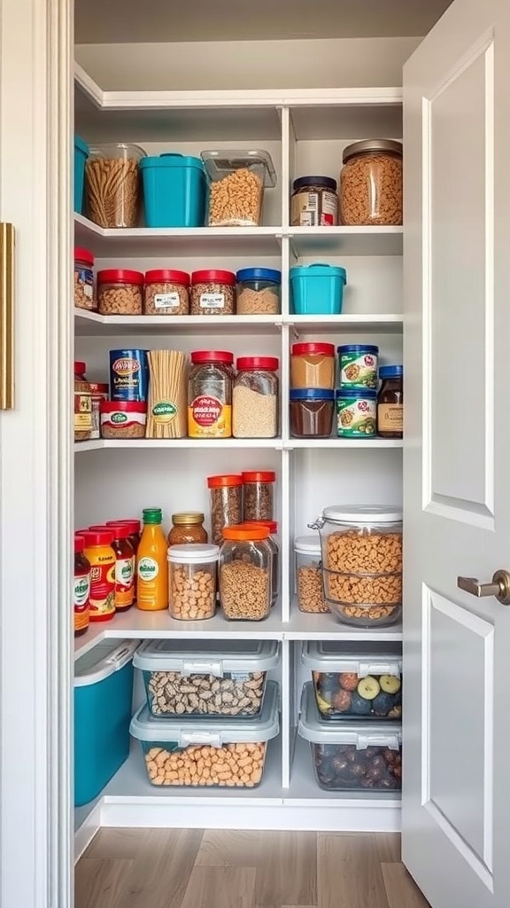 Organized corner pantry with color-coded containers and jars