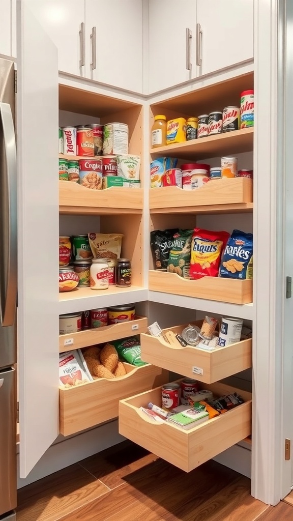 A corner pantry with pull-out drawers and organized shelves filled with various food items.